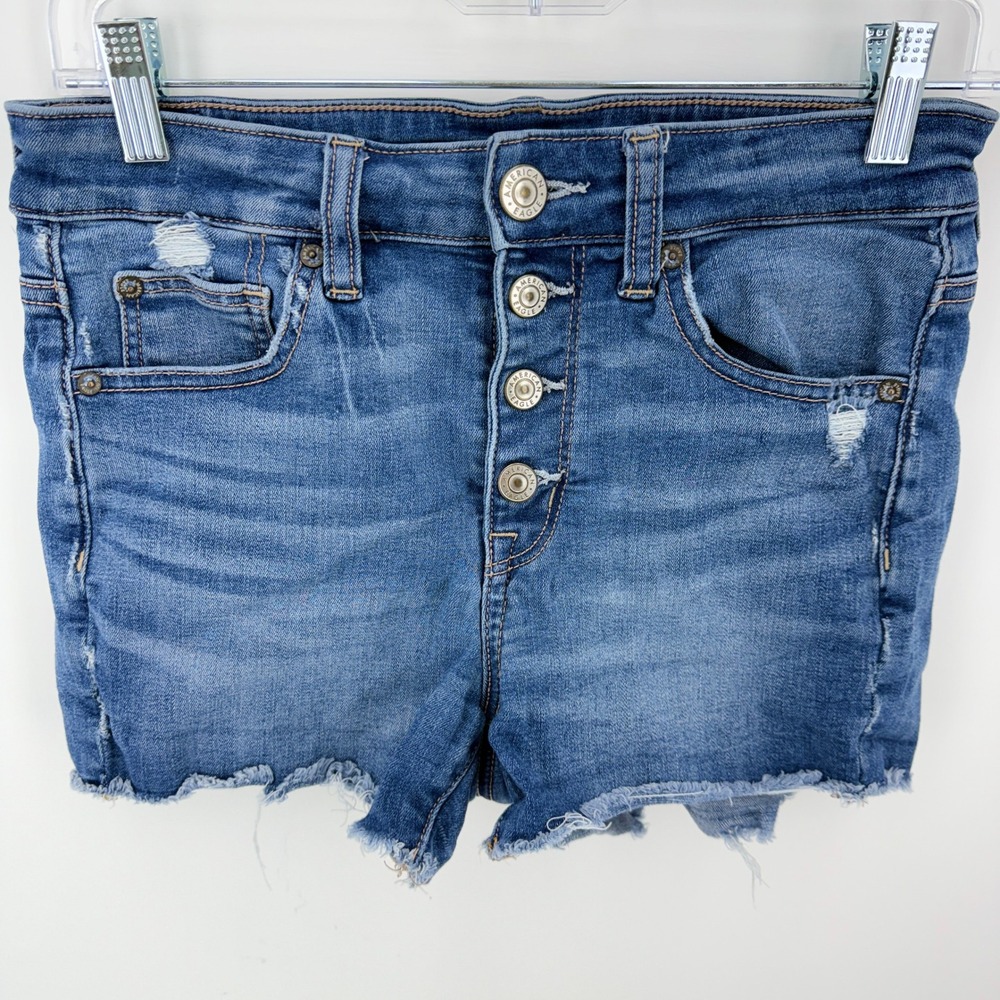 American Eagle High Waisted Button Fly Distressed Denim Shorts Blue Womens 6